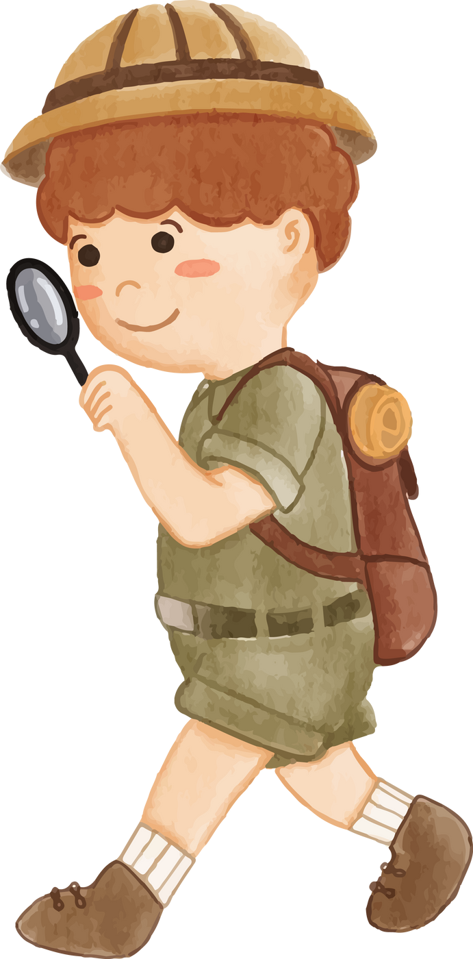 Boy scout with hiking suit look through magnifying glass . Realistic watercolor painting .